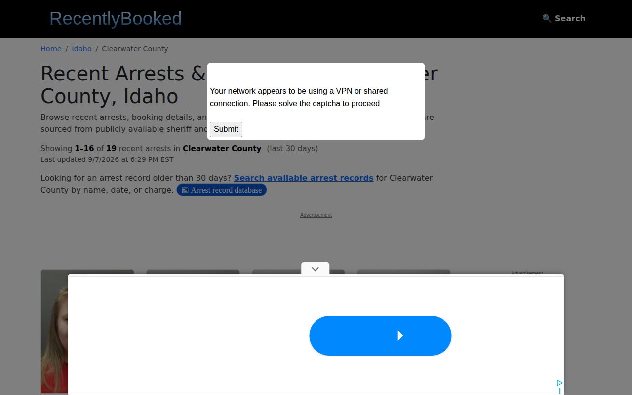 Unofficial Clearwater County multi-day arrest interface