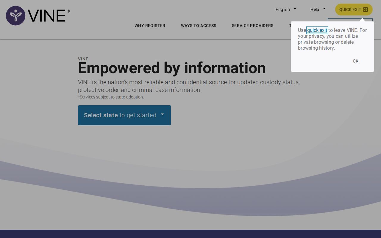 Clearwater County VINE custody alert registration screen