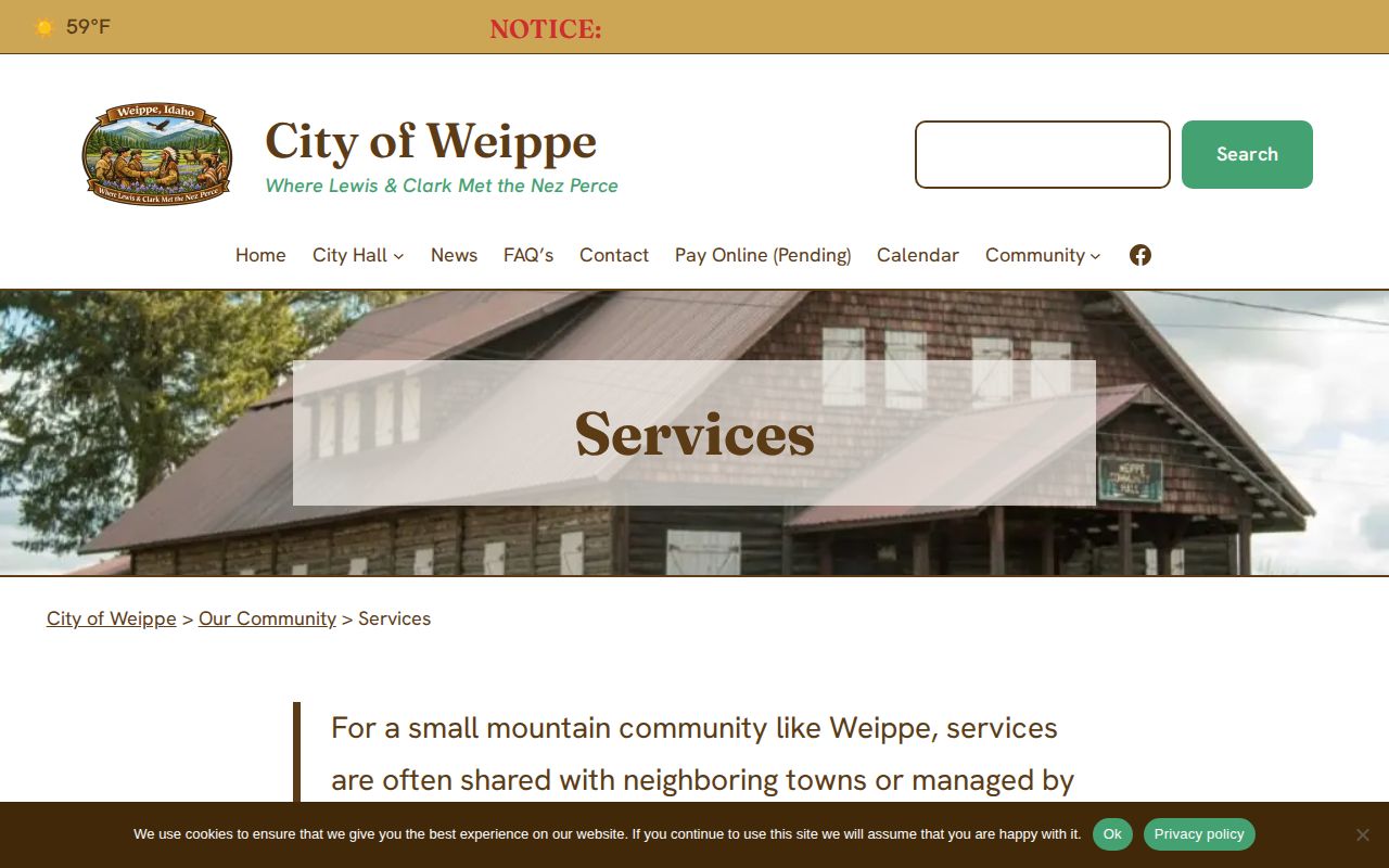 Official City of Weippe services page identifying Clearwater County Sheriff police service